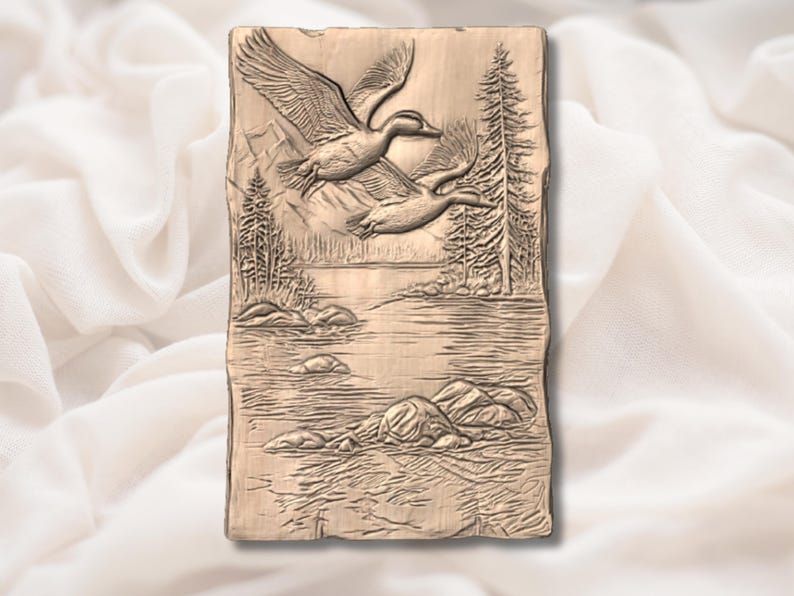 Two Mallards in Flight Over Mountain Lake Bas-Relief STL bas-relief STL — view 2