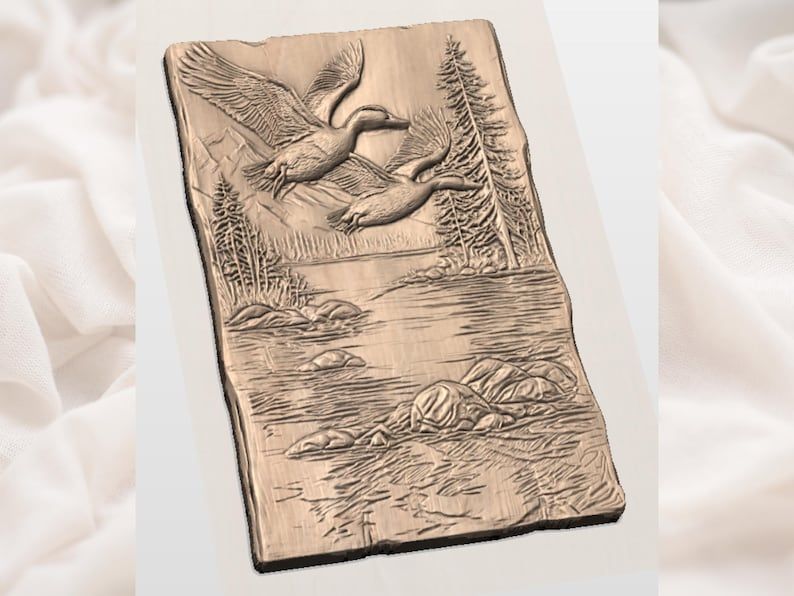 Two Mallards in Flight Over Mountain Lake Bas-Relief STL bas-relief STL — view 3
