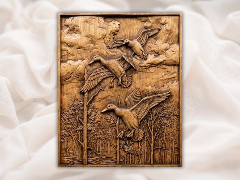Carved wood bas-relief of three mallard ducks landing over a flooded timber forest with clouds above