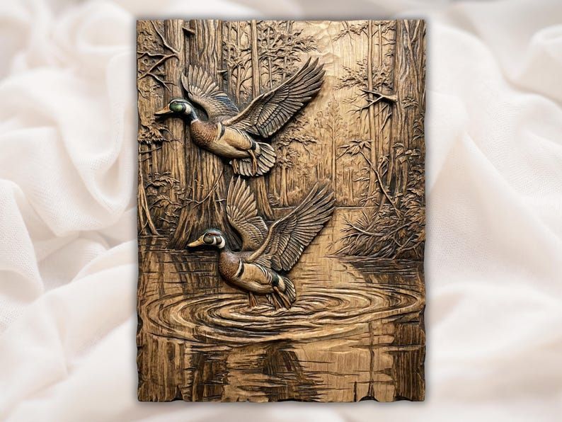 Bas-relief wood carving of two mallard ducks landing on rippling marsh water in a wooded forest scene