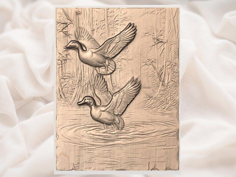 Two Mallard Ducks Landing on Marsh Water Bas-Relief STL bas-relief STL — view 2