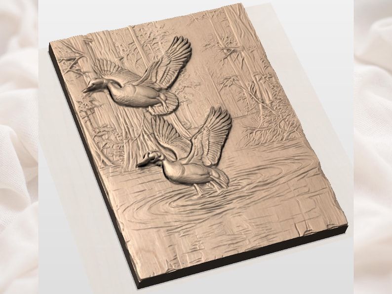 Two Mallard Ducks Landing on Marsh Water Bas-Relief STL bas-relief STL — view 3