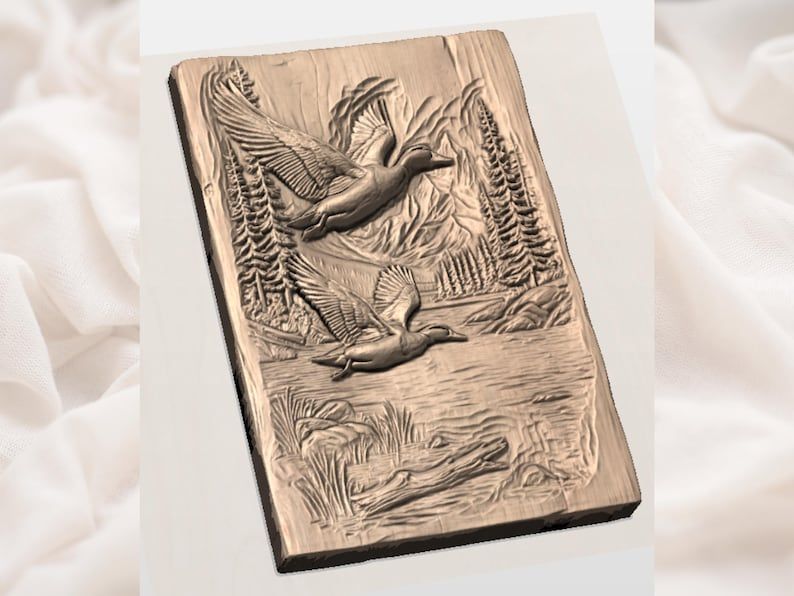 Flying Ducks Over a Mountain Lake Bas-Relief STL bas-relief STL — view 2