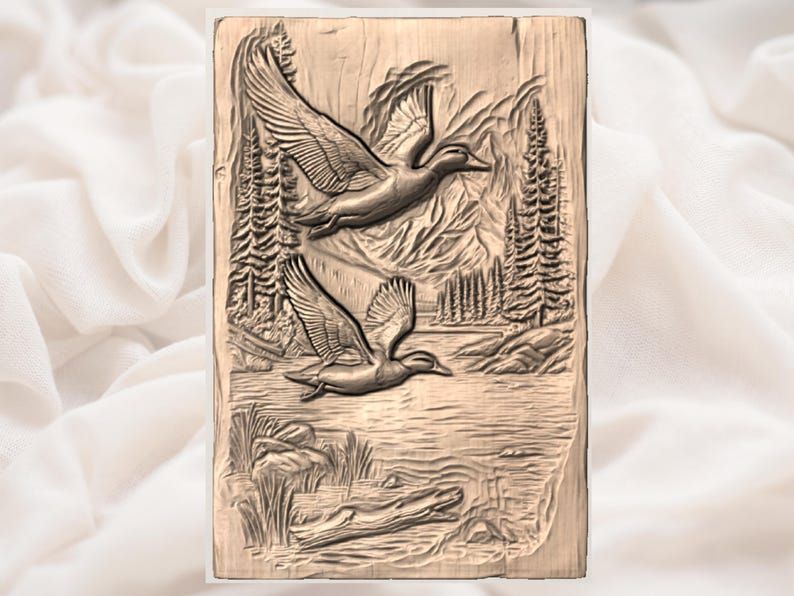 Flying Ducks Over a Mountain Lake Bas-Relief STL bas-relief STL — view 3