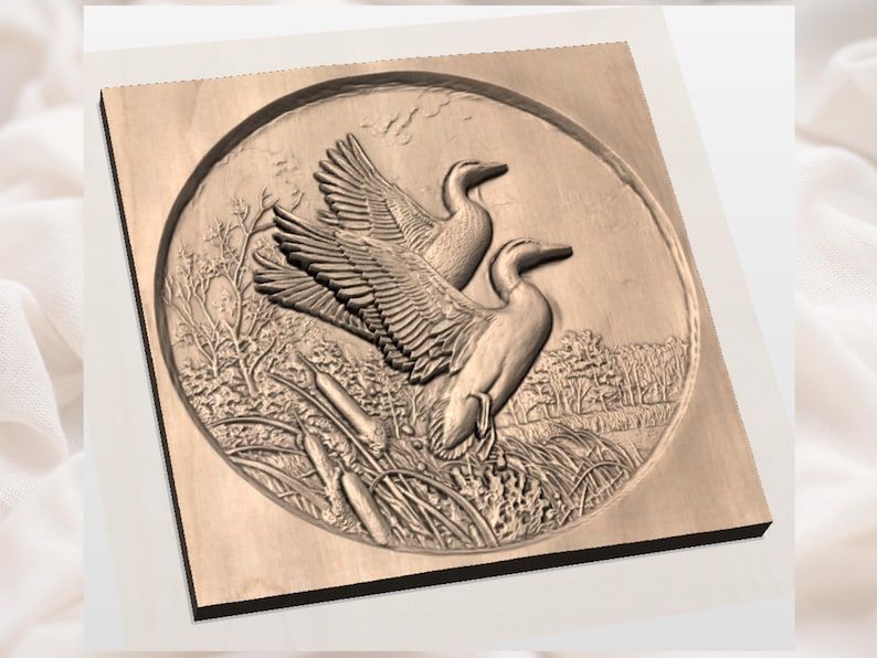Two Flying Mallards Over the Marsh Round Bas-Relief STL bas-relief STL — view 2