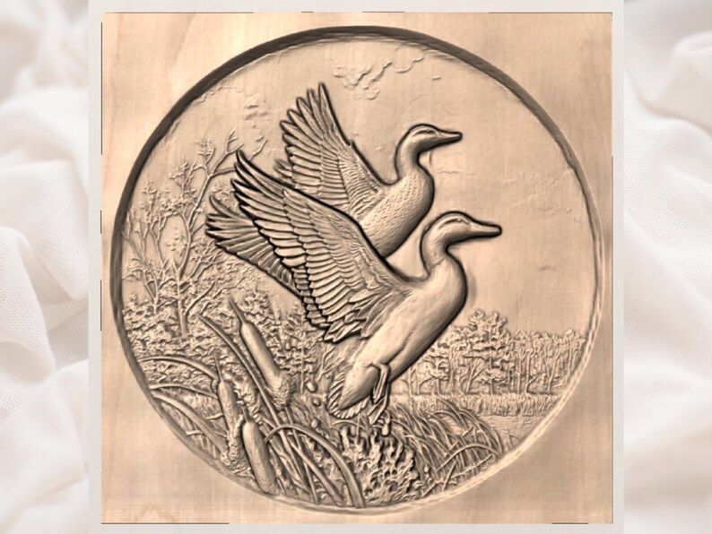 Two Flying Mallards Over the Marsh Round Bas-Relief STL bas-relief STL — view 3