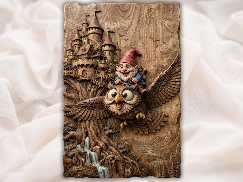 Carved bas-relief of a smiling gnome riding a wide-eyed owl past a castle, tree, and waterfall