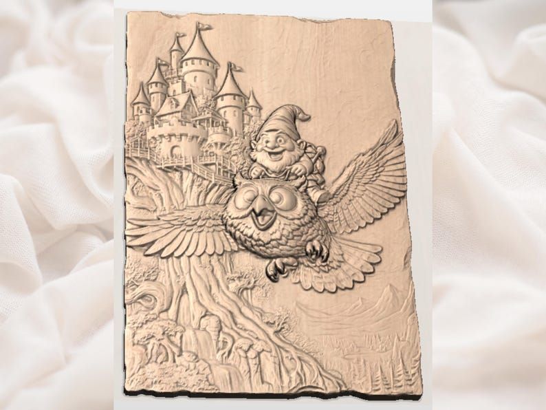 Gnome Riding an Owl Past a Castle Bas-Relief STL bas-relief STL — view 2