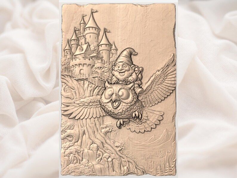 Gnome Riding an Owl Past a Castle Bas-Relief STL bas-relief STL — view 3