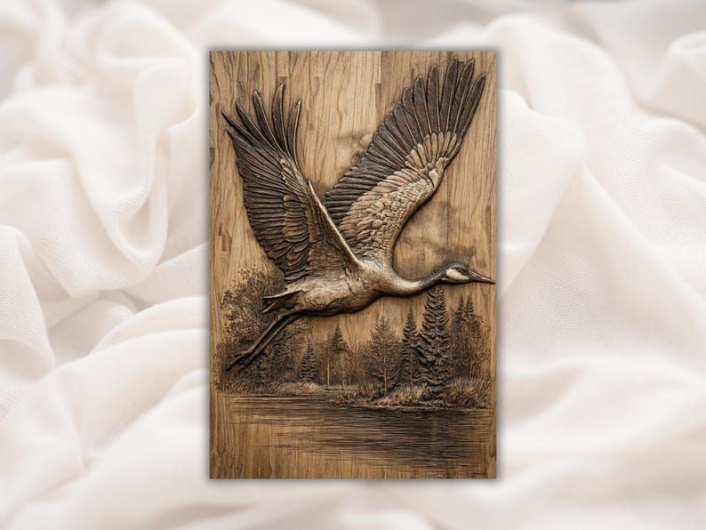 Carved wood bas-relief of a crane flying with wings spread over a lake and pine forest shoreline