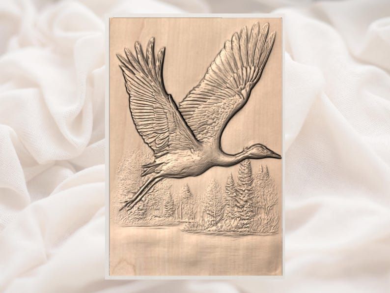 Crane in Flight Over a Northern Lake Bas-Relief STL bas-relief STL — view 2