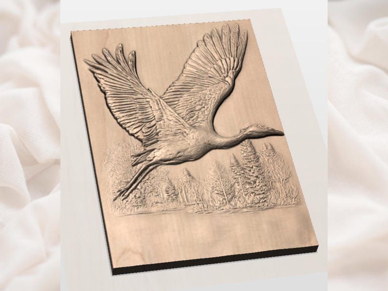Crane in Flight Over a Northern Lake Bas-Relief STL bas-relief STL — view 3