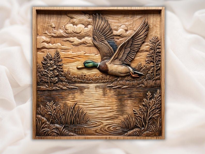 Carved wood bas-relief of a mallard drake flying over a sunset lake with reeds, trees, and clouds.