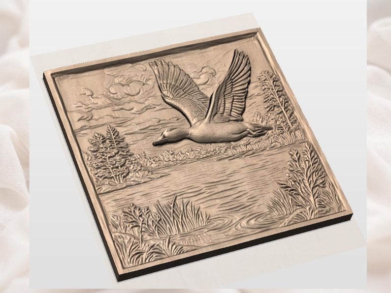 Mallard Drake in Flight Over a Sunset Lake Bas-Relief STL bas-relief STL — view 2