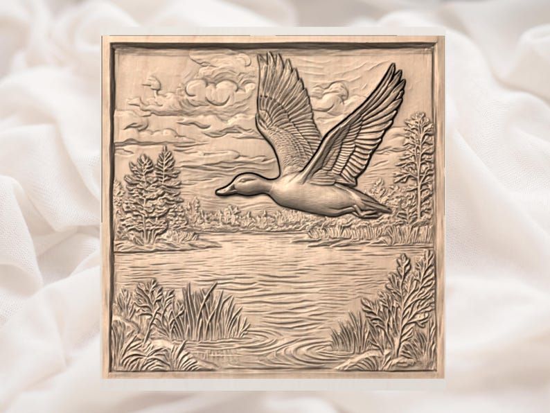Mallard Drake in Flight Over a Sunset Lake Bas-Relief STL bas-relief STL — view 3