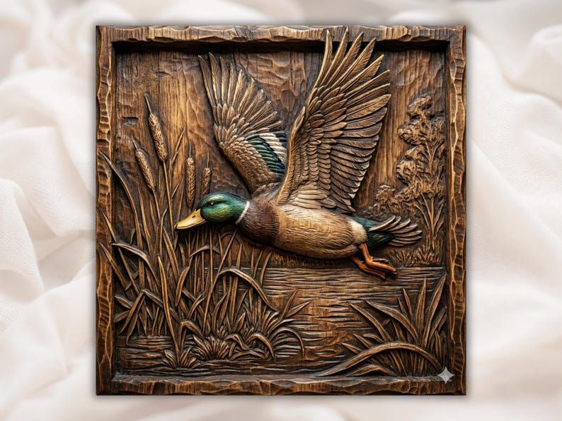 Bas-relief wood carving of a flying mallard duck with wings raised over marsh reeds and grasses