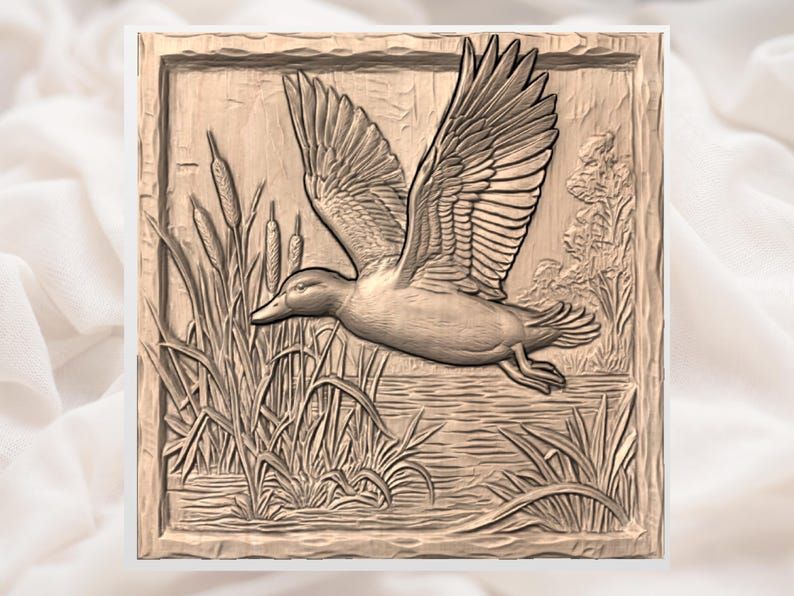 Flying Mallard Duck Bas-Relief Carving Over Marsh Reeds STL bas-relief STL — view 2