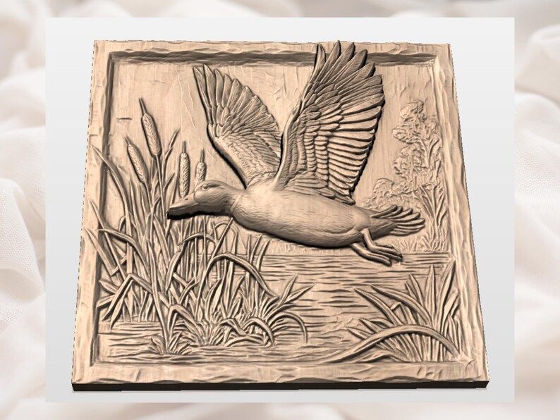 Flying Mallard Duck Bas-Relief Carving Over Marsh Reeds STL bas-relief STL — view 3