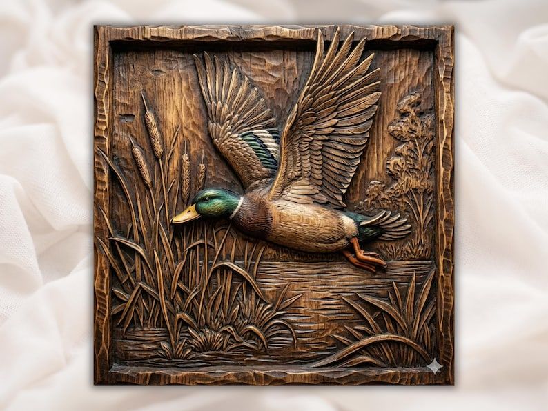 Flying Mallard Duck Bas-Relief Carving Over Marsh Reeds STL bas-relief STL design