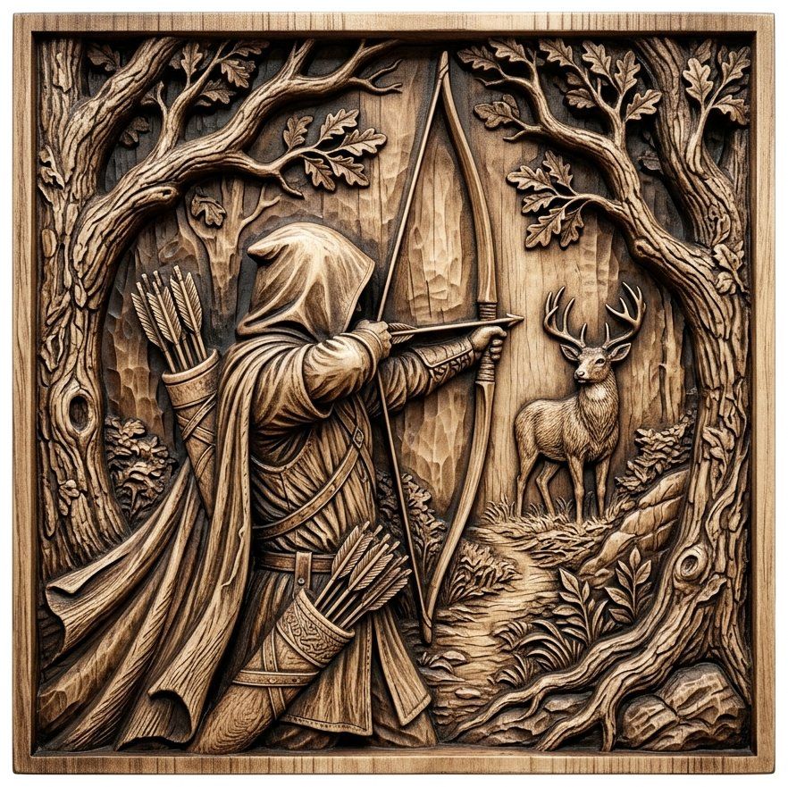 Forest Archer Hunting Scene Wall Art | Buck Deer Wildlife Relief Panel | Rustic Hunter Wood Carving Design | CNC Router Project — carved bas relief STL file for CNC