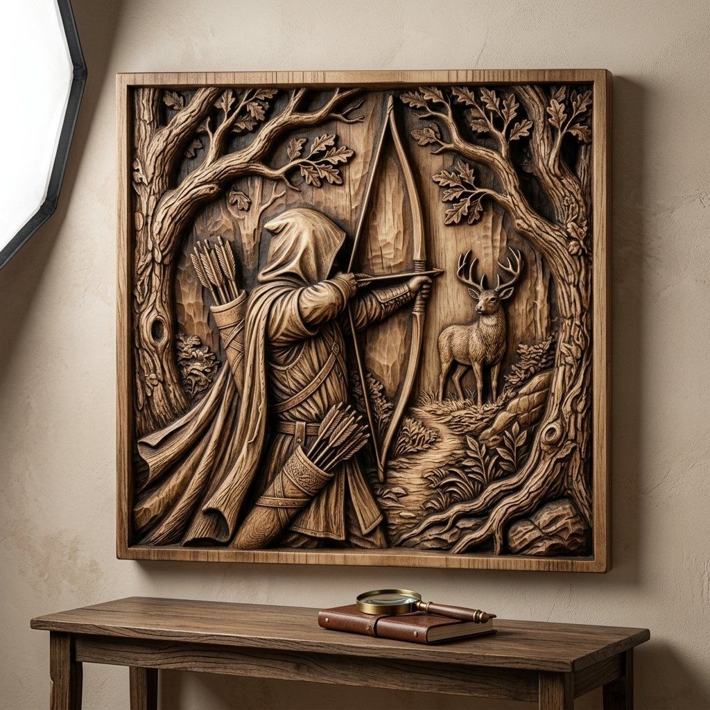 Forest Archer Hunting Scene Wall Art bas-relief STL — view 6