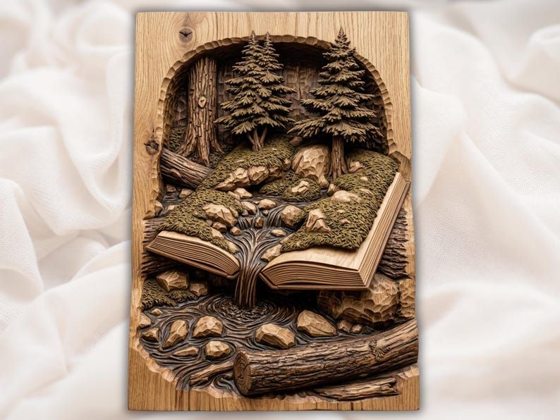 Bas-relief carving of an open book spilling into a forest stream with pine trees, rocks, and logs