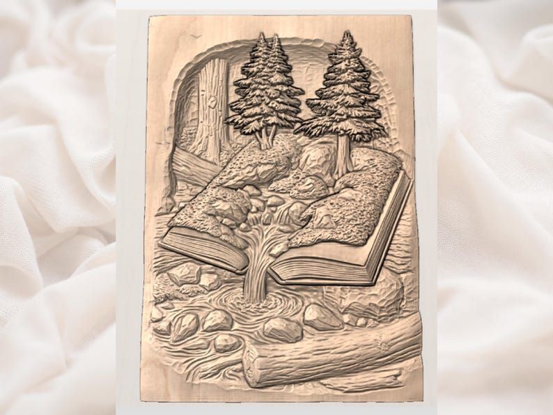 Open Book Forest Stream with Pines Bas-Relief STL bas-relief STL — view 2