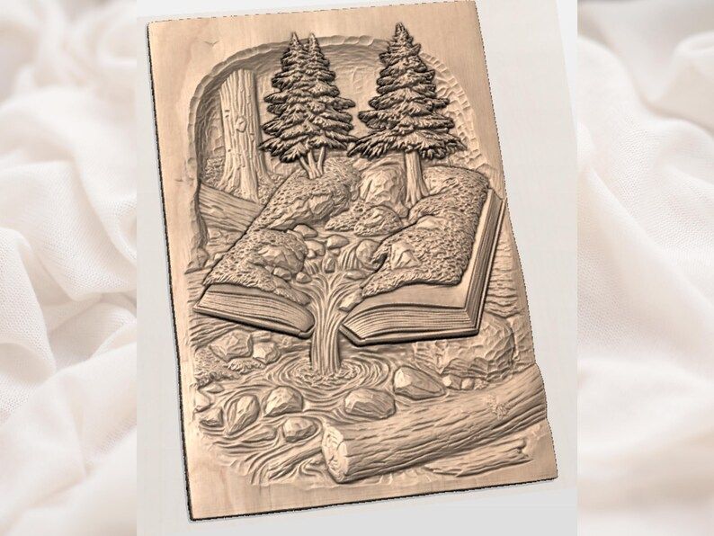 Open Book Forest Stream with Pines Bas-Relief STL bas-relief STL — view 3