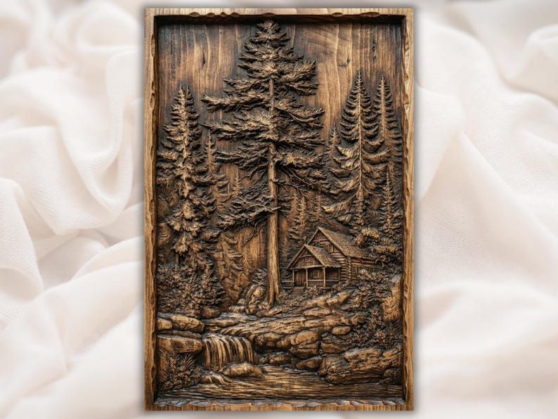 Bas-relief wood carving of a log cabin among tall pine trees beside a rocky waterfall stream