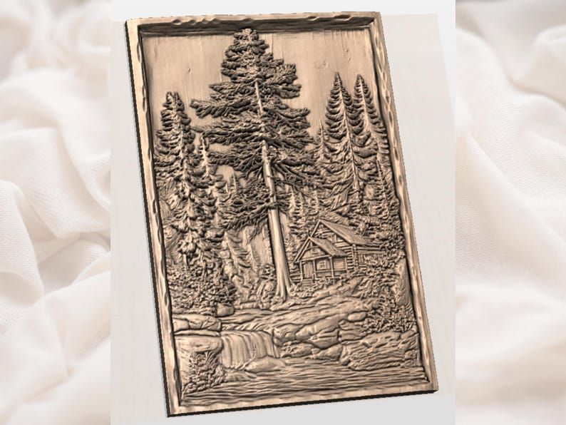 Pine Forest Cabin and Waterfall Bas-Relief STL Carving bas-relief STL — view 2