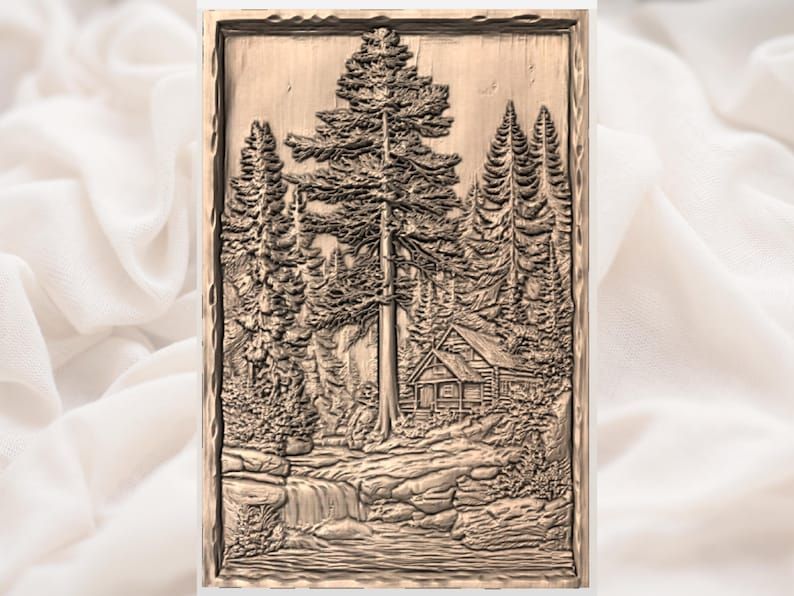 Pine Forest Cabin and Waterfall Bas-Relief STL Carving bas-relief STL — view 3
