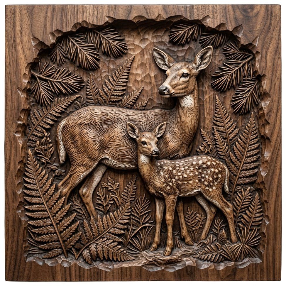 Forest Doe and Fawn Motherhood Scene CNC Relief STL | Wildlife Wood Carving Design | Nature Wall Art Panel Decor — carved bas relief STL file for CNC