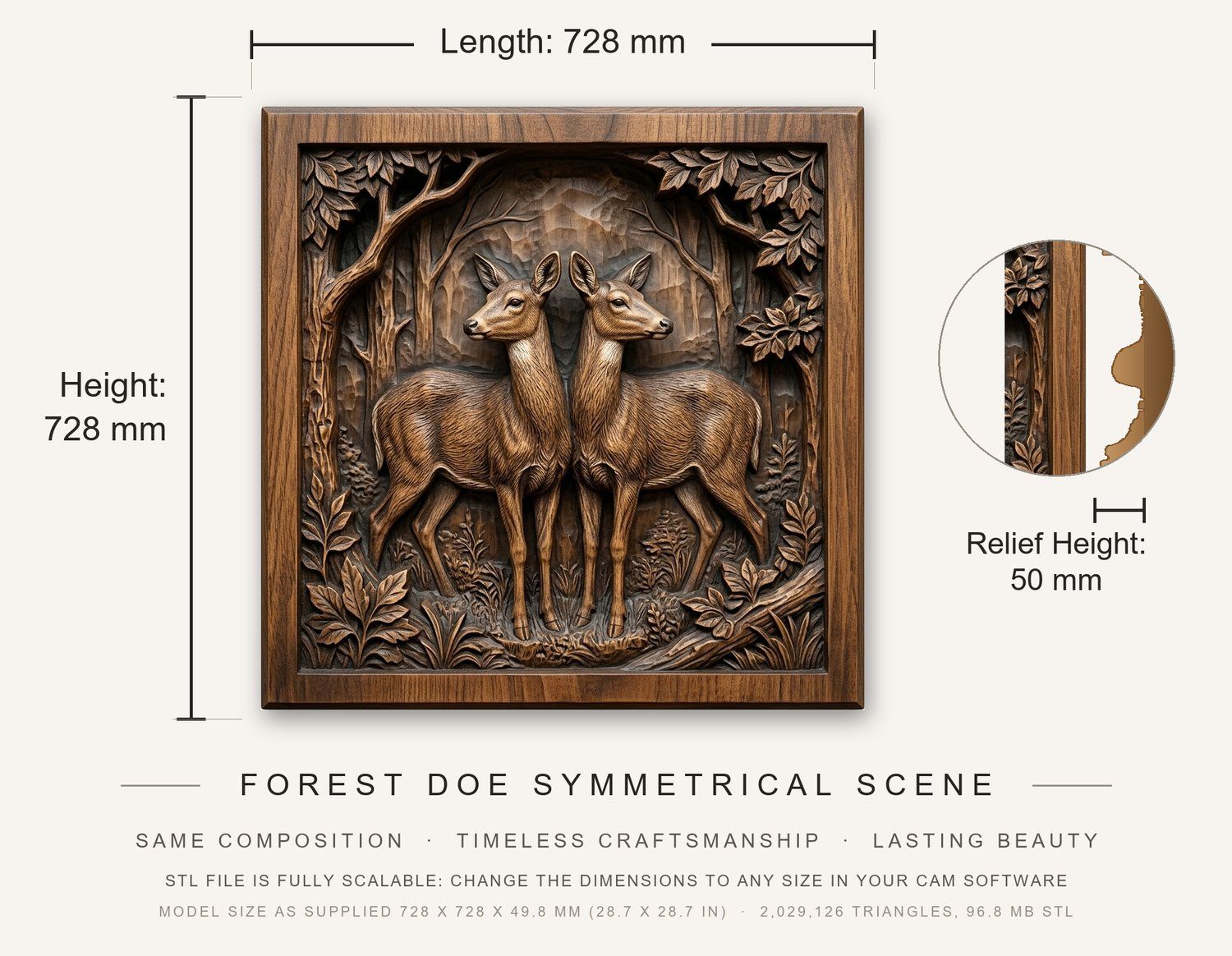 Forest Doe Symmetrical Scene CNC Relief STL bas-relief STL — view 3