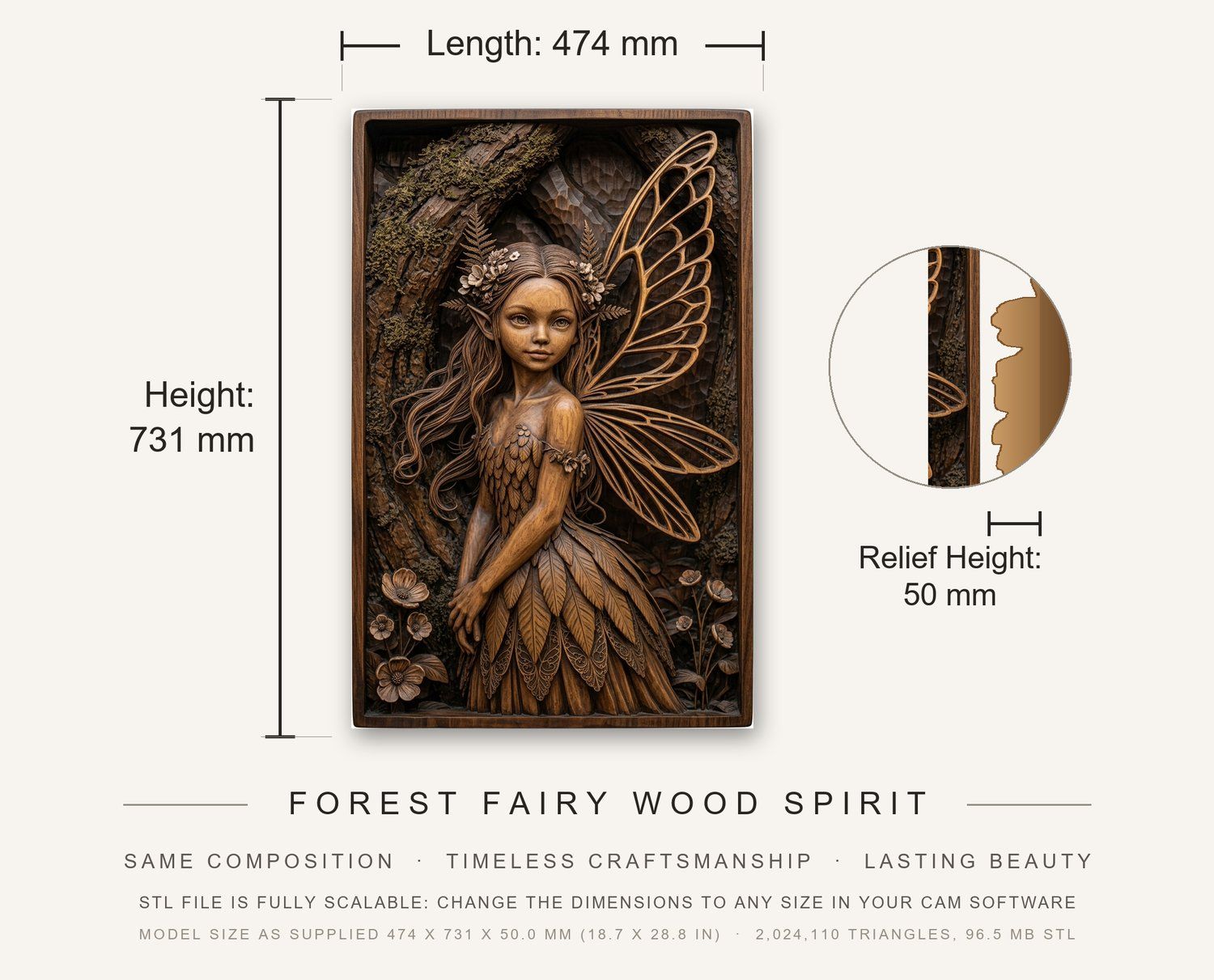 Forest Fairy Wood Spirit CNC Relief STL bas-relief STL — view 3