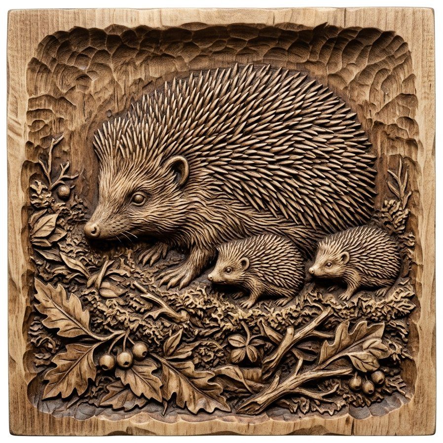 Forest Hedgehog Mother and Babies CNC Relief STL | Woodland Wildlife Wood Carving | Rustic Cabin Wall Art Decor Panel — carved bas relief STL file for CNC
