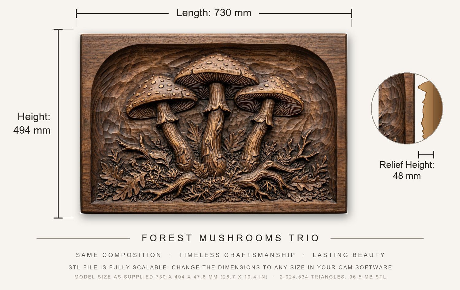 Forest Mushrooms Trio CNC Relief STL bas-relief STL — view 3