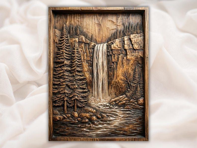 Carved wood relief of a waterfall dropping off a cliff into a rocky river, framed by tall pine trees.