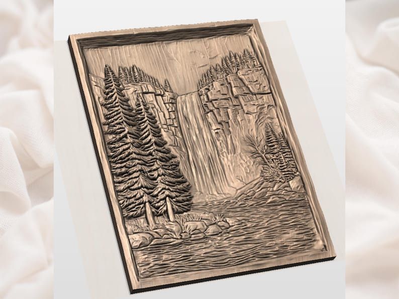 Forest Waterfall Relief STL, Pine Trees and River Cliff Scene bas-relief STL — view 2