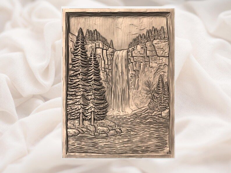 Forest Waterfall Relief STL, Pine Trees and River Cliff Scene bas-relief STL — view 3