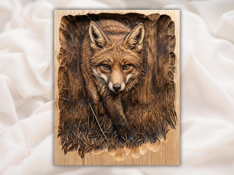 Bas-relief wood carving of a red fox walking through grass inside a rough-edged framed panel