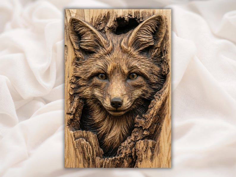 Bas-relief wood carving of a red fox peeking out from a hollow in a tree trunk surrounded by bark.