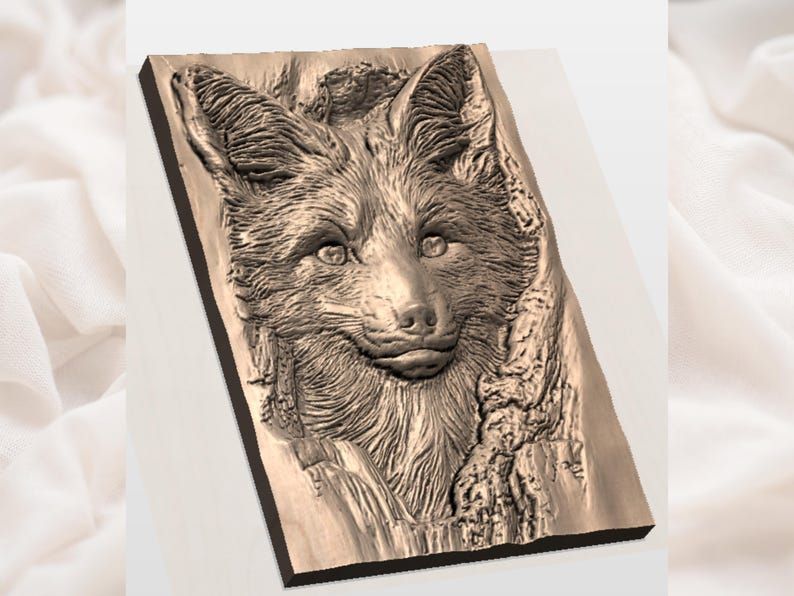 Red Fox Peeking From a Tree Hollow Bas-Relief STL bas-relief STL — view 2