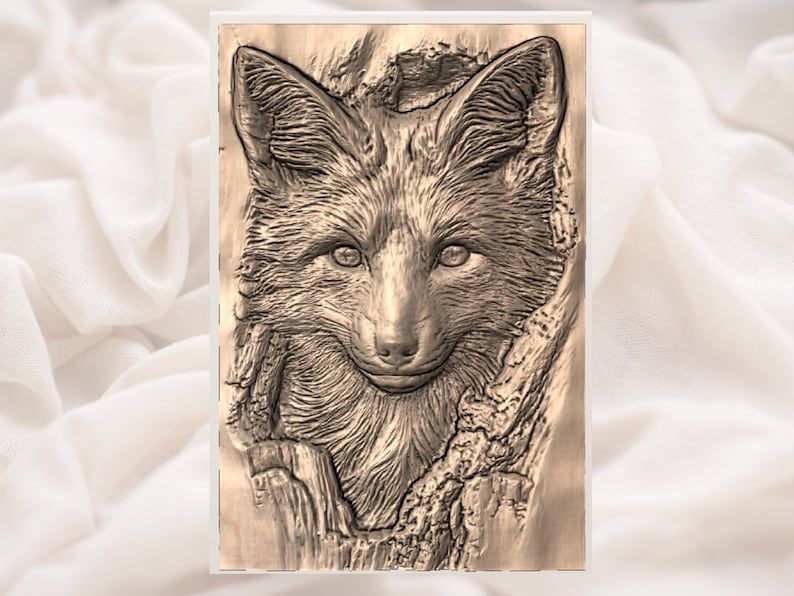 Red Fox Peeking From a Tree Hollow Bas-Relief STL bas-relief STL — view 3