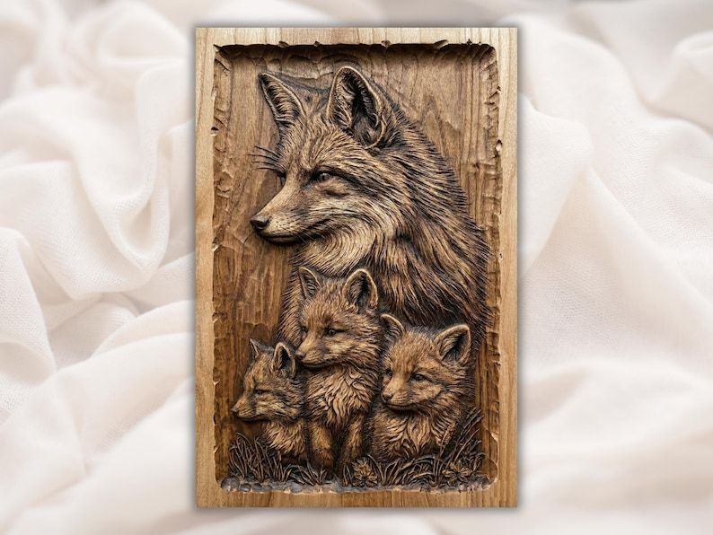 Carved wood bas-relief of a mother fox sitting with three baby fox kits in grass below.