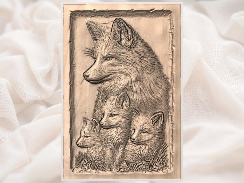 Mother Fox and Three Kits Bas-Relief STL Carving Model bas-relief STL — view 2