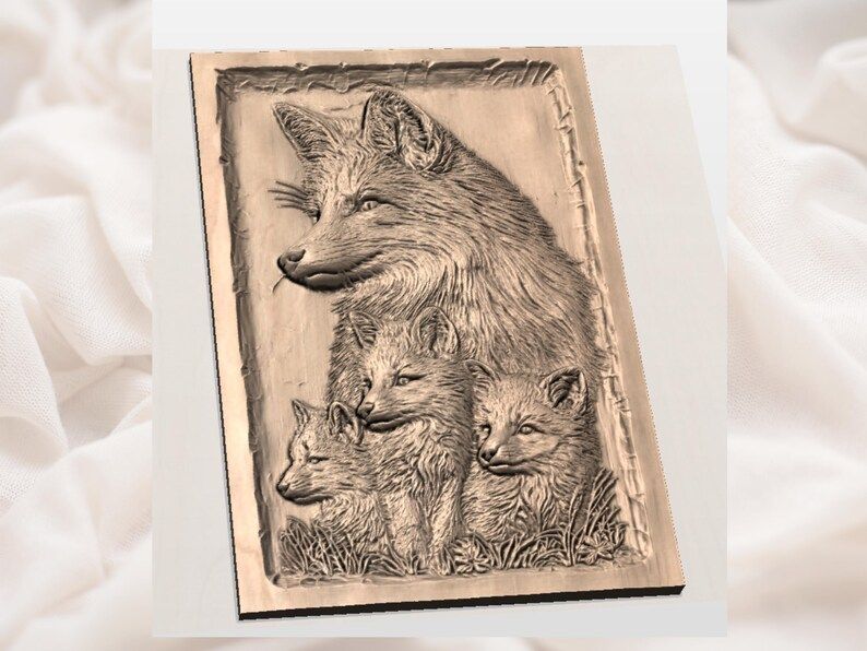 Mother Fox and Three Kits Bas-Relief STL Carving Model bas-relief STL — view 3