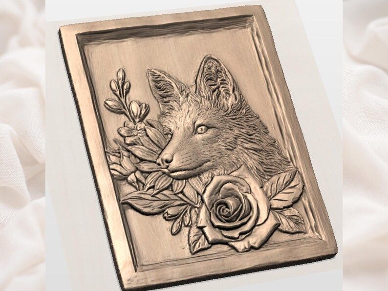 Fox and Rose Bas-Relief STL, Sculpted Woodland Wall Panel bas-relief STL — view 2