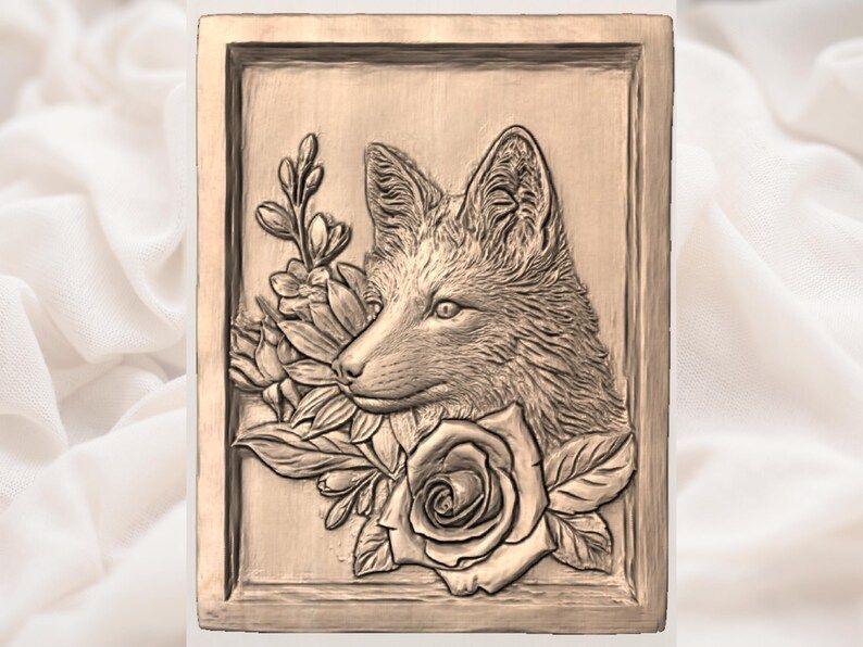 Fox and Rose Bas-Relief STL, Sculpted Woodland Wall Panel bas-relief STL — view 3