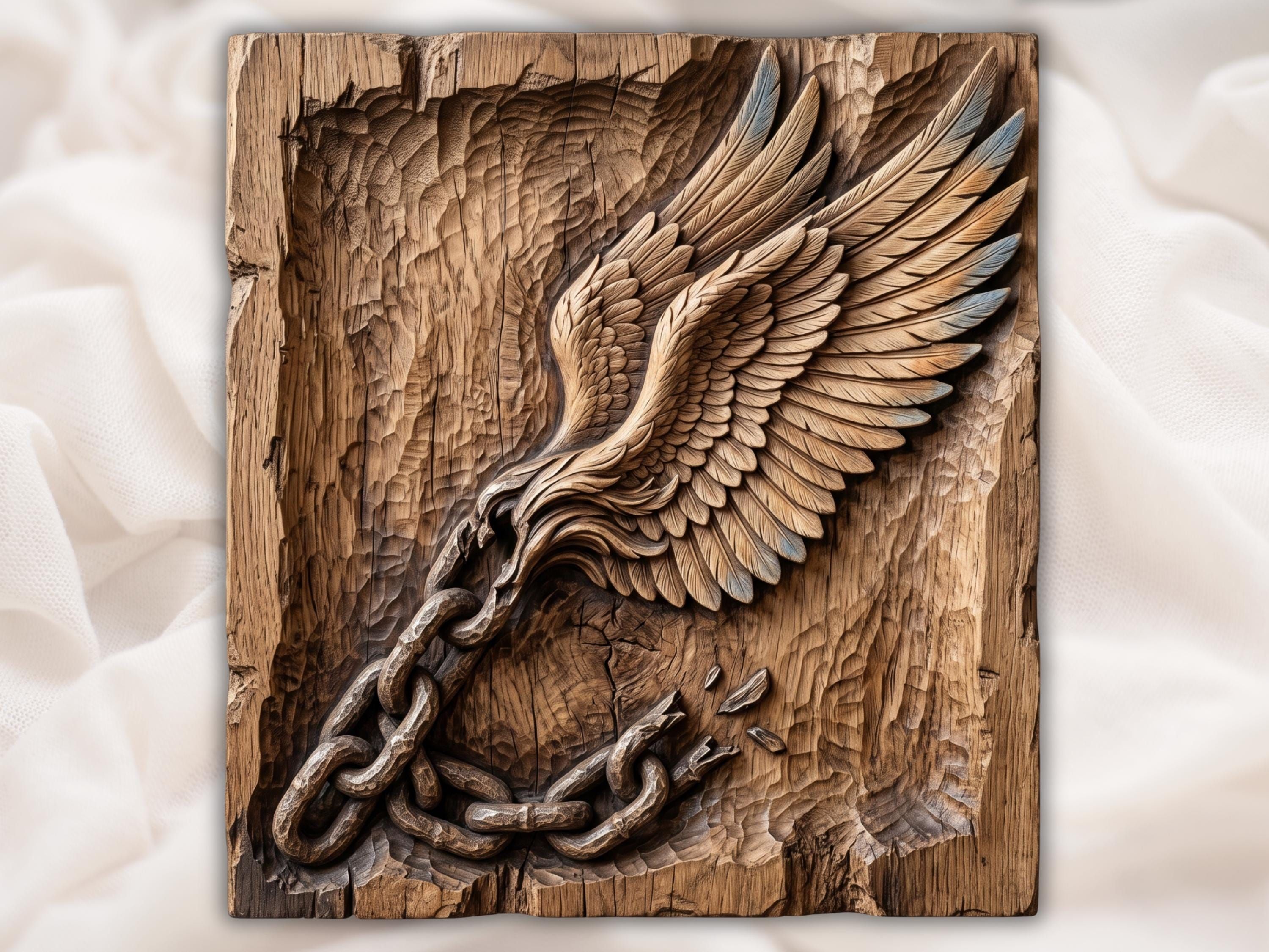Carved wood relief of an eagle wing rising with feathers spread above a broken metal chain