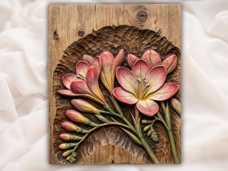 Carved wood bas-relief of pink and yellow freesia flowers with buds and green stems on a panel